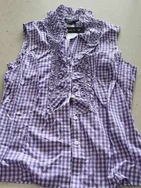 Tracy M. Purple and White Gingham Ruffle Sleeveless Blouse